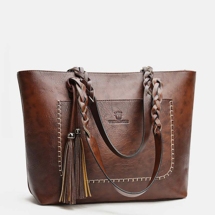 Large Capacity Business Office Handbag Women's Soft PU Tassel Tote Shoulder Bag