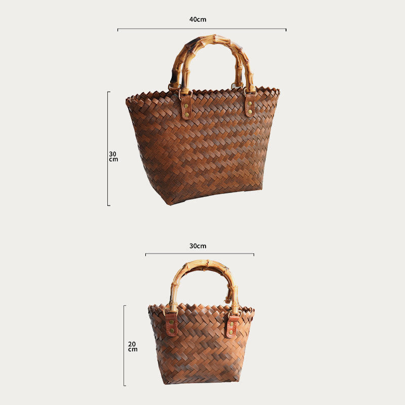 Straw Tote For Women Retro Bamboo Pattern Handle Handbag