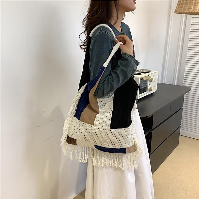 Tassel Shoulder Bag For Women Simple Retro Spliced Knitted Bag