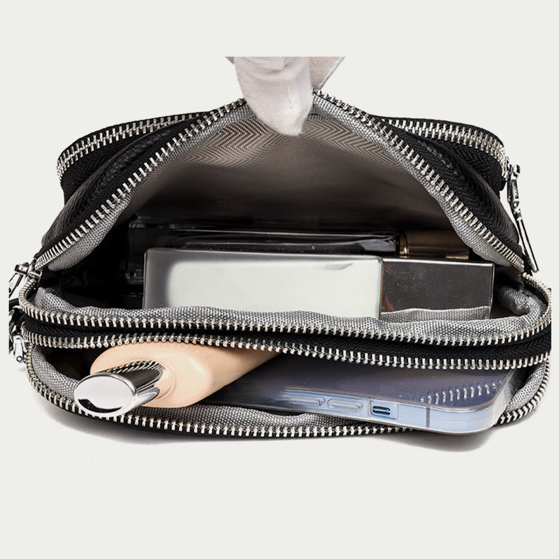 Triple Zip Genuine Leather Crossbody Bag Casual Travel Purse