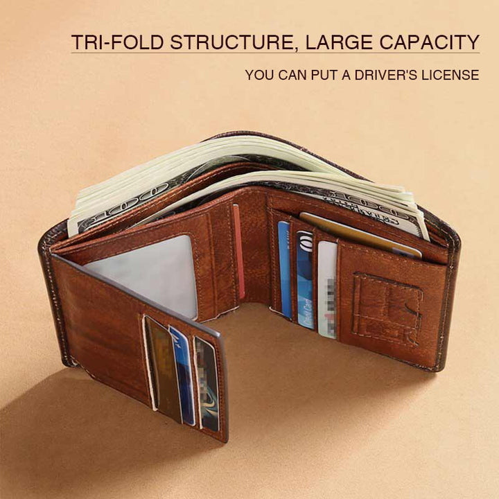 RFID Retro Genuine Leather Tri-fold Wallet