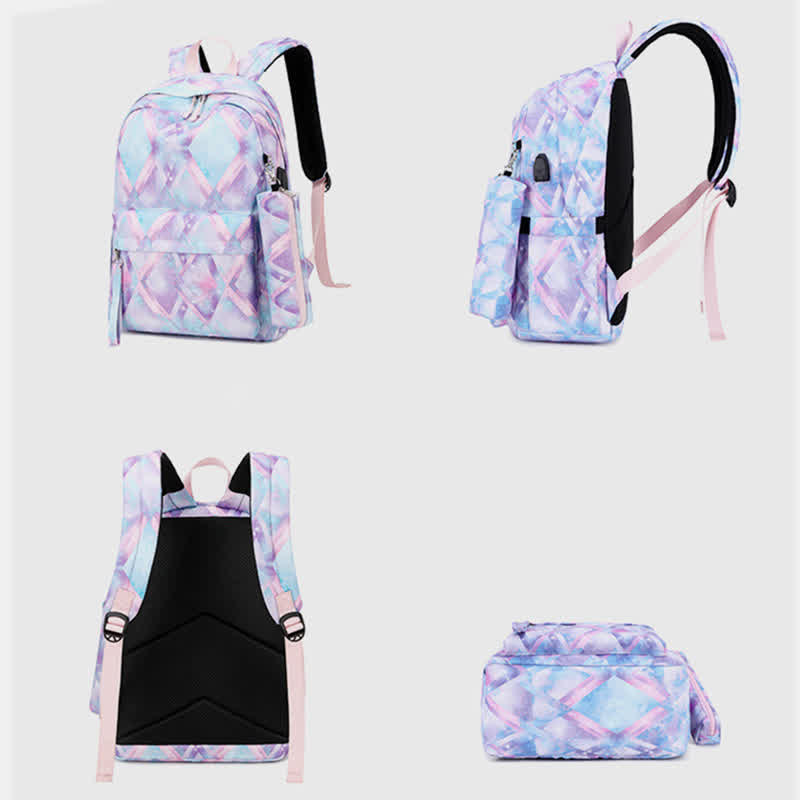 School Backpack Daypack Cute 3-Pcs Schoolbag Set with USB Charging Port