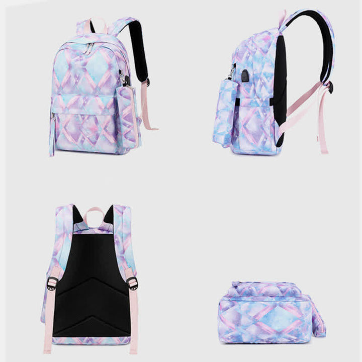 School Backpack Daypack Cute 3-Pcs Schoolbag Set with USB Charging Port