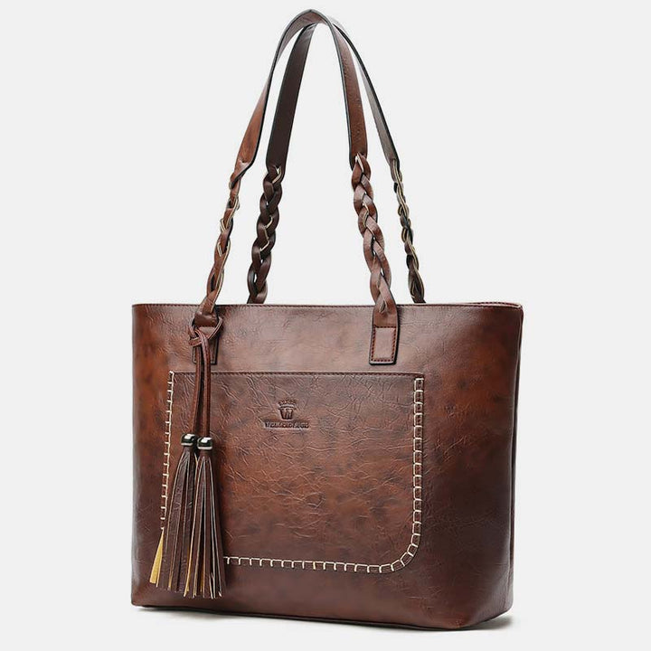 Large Capacity Business Office Handbag Women's Soft PU Tassel Tote Shoulder Bag