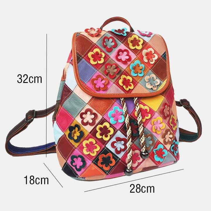 Genuine Leather Colorblock Floral Backpack Drawstring Purses
