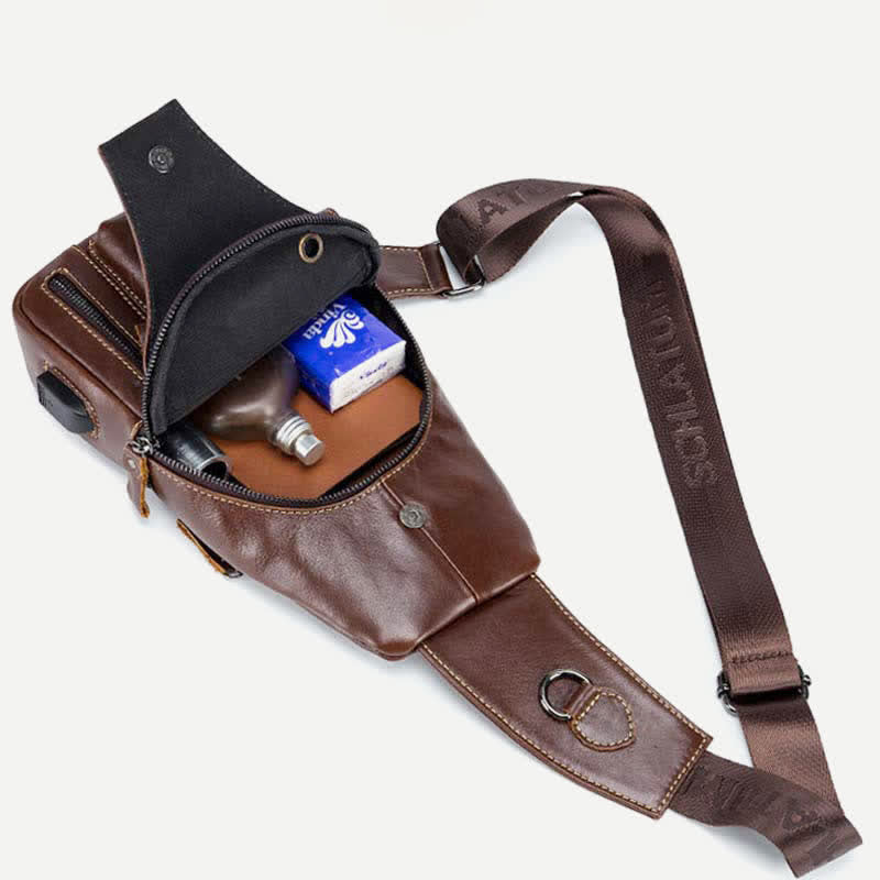 Genuine Leather Multi-Pocket Chest Bag Sling Backpack with USB Charging Port