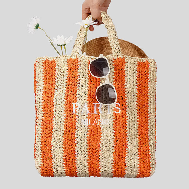 Beach Bag For Women Summer Holiday Travel Striped Straw Handbag