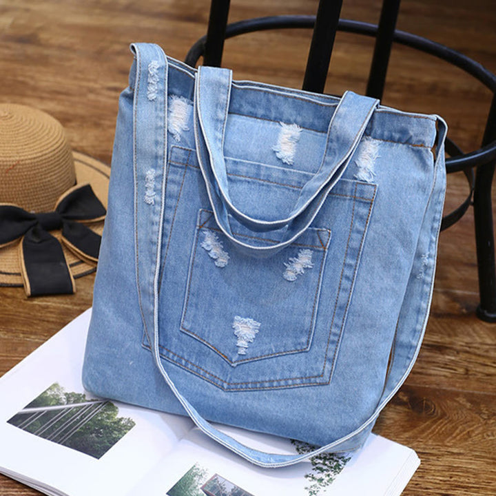 Denim Tote For Outing Retro Canvas Ripped Crossbody Bag - # D - SkyBlue - image 22