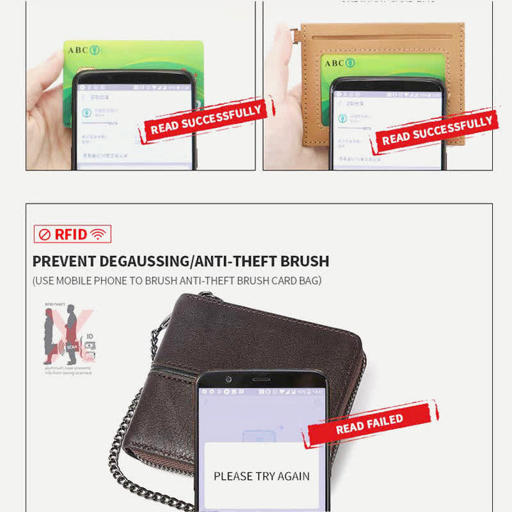 Genuine Leather Zip Around RFID Blocking Bifold Wallet with Chain - image 2